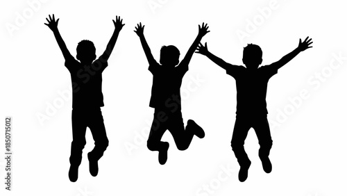 Three Silhouetted Children Joyfully Jumping in the Air.