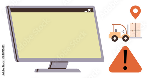 Computer monitor, location pin, forklift with cargo, and warning triangle emphasize logistics coordination. Ideal for freight, inventory, supply chain, warehouse, monitoring logistics software