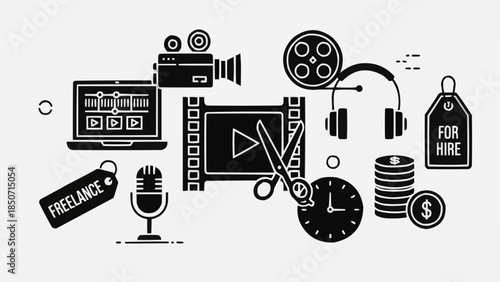 Video Production and Freelance Business Icons Set.