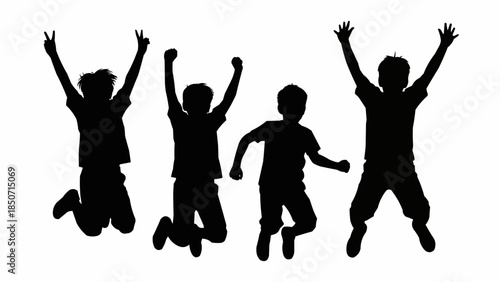 Silhouette of four joyful children jumping in the air with excitement.