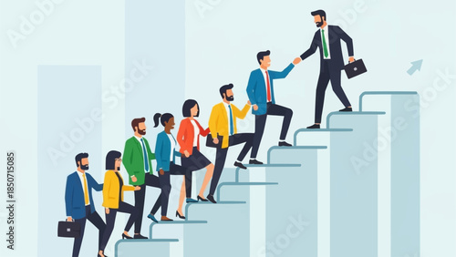 Team climbing stairs led by a businessman reaching the top.