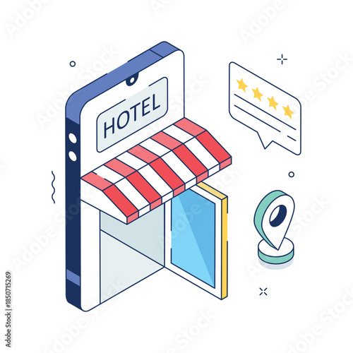 Trendy isometric online hotel booking illustration with mobile interface