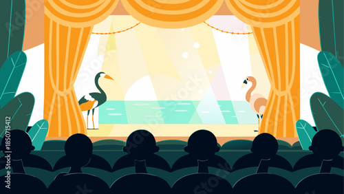 Theater showcase with birds