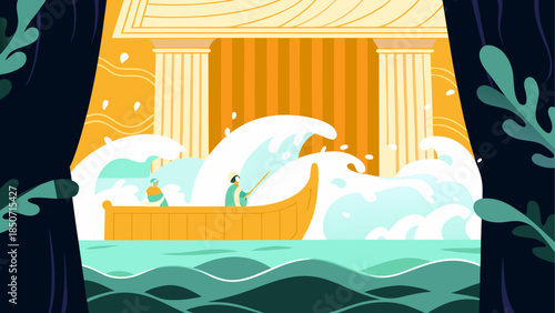 Surfers riding giant waves near tropical architecture