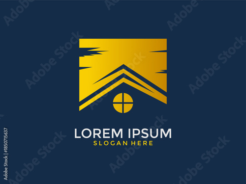Modern Golden Real Estate Logo with House Roof and Sun Element on Dark Background