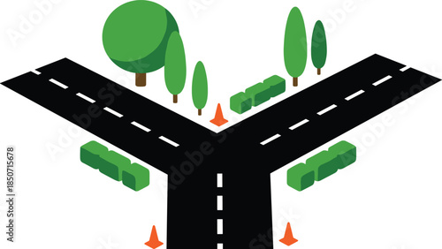 Isometric road intersection with trees and traffic cones, urban street crossing concept, navigation infrastructure design, cad drawing flat vector illustration