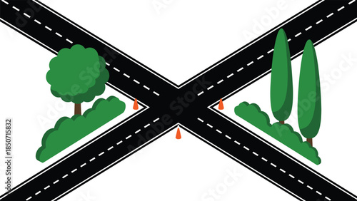 Top view road intersection with trees and traffic cones, city street crossing concept, transportation infrastructure, cad drawing flat vector illustration