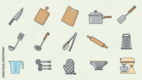 Colorful kitchen utensils and tools for cooking and baking, Generative AI.