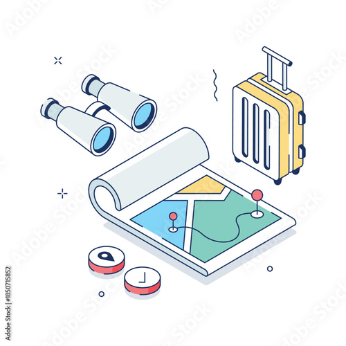 Isometric travel navigation illustration with map, compass, and binoculars