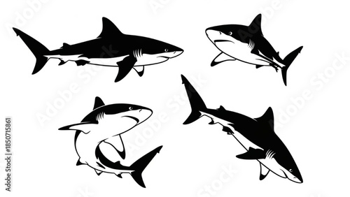 Black Shark Silhouette Vector Set Showing Side Angled Turning Diving Swim Poses