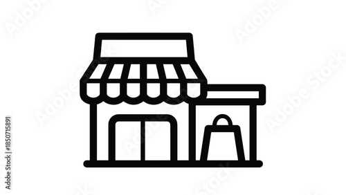 Modern storefront with striped awning and shopping bag, Generative AI.