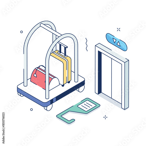 Isometric hotel services illustration with luggage cart for hospitality and travel concepts.