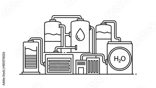 Industrial water treatment system with H2O processing equipment, Generative AI.