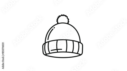 Simple line drawing of a winter beanie with pom pom, Generative AI.