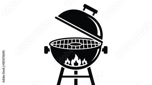 Black barbecue grill with open lid and flames, Generative AI.