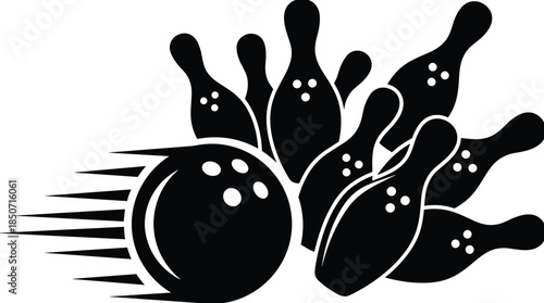 Bowling strike concept cad drawing flat vector illustration with bowling ball pins motion action sports graphic design