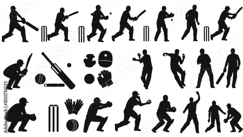 Cricket players in various poses with equipment silhouettes, Generative AI.