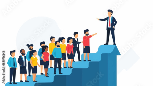 Business leader guiding team up growth arrow stairs.