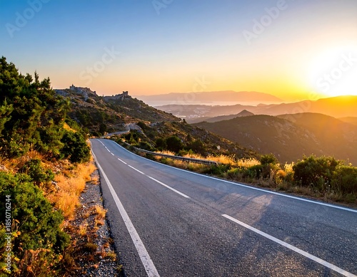 Winding road through hills at dawn with the sun's golden glow