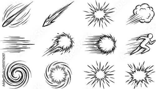 Comic speed lines and action effects cad drawing flat vector illustration with motion blasts dynamic graphic elements