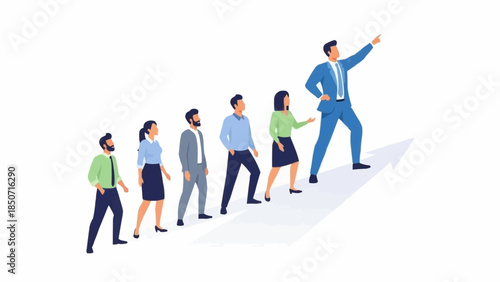 Business leader guiding team up a slope towards success.