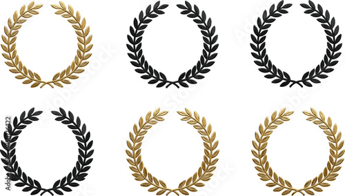 Gold and black laurel wreath collection, classic victory emblem set, cad drawing flat vector illustration for awards branding design templates