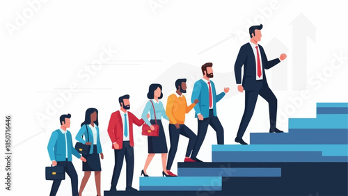 Diverse group of professionals climbing stairs together towards success.