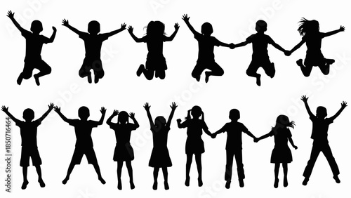 Diverse group of children jumping joyfully in silhouette.