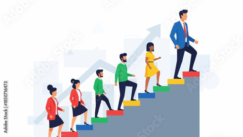 Diverse group of professionals climbing stairs representing career growth and success.
