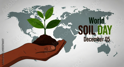 Hand Holding Soil with Sprout Against World Map Background