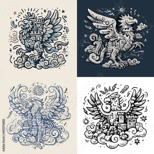 Ornate mythical griffin illustrations with wings and swirling clouds drawn in detailed hand illustrated style inspired by fantasy folklore and symbolic guardian creatures.