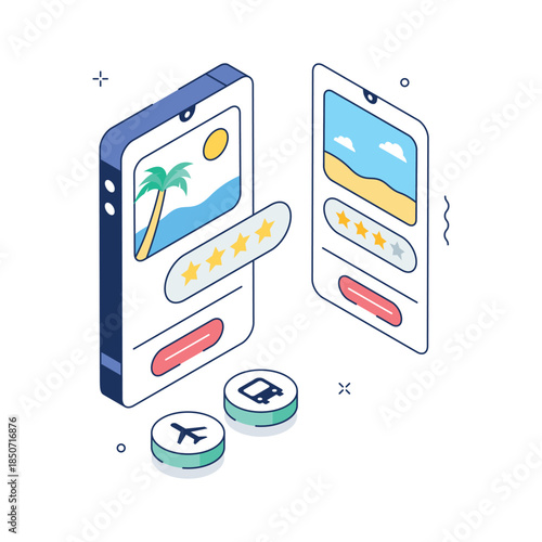 Isometric booking app illustration for online travel and vacation services.