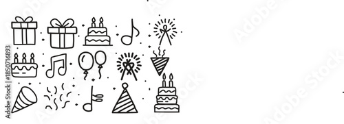 Intricate white swirling patterns on black back ground, birthday celebration icons, party symbols whimsical weather nature illustrations
