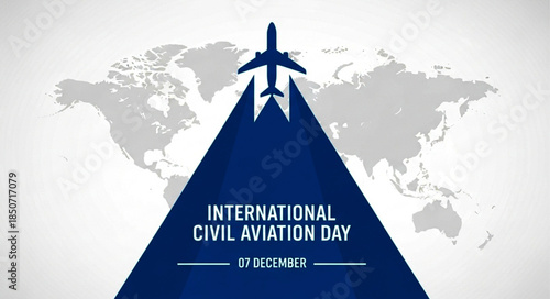 International Civil Aviation Day: Blue Airplane Silhouette Ascending with World Map