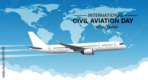 White Passenger Airplane Flying in the Sky, Celebrating Aviation Day with Text.