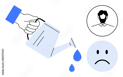 Neglect concept. Neglect illustrated by a watering can pouring water, a sad face, and a male profile icon. Neglect in personal care, mental well-being, relationships, and growth symbolism. Symbolic