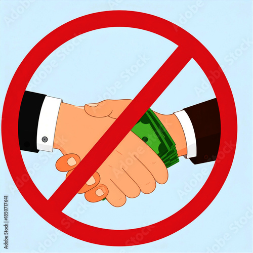 Cartoon Illustration of a Handshake with Money, Prohibited by Red Circle