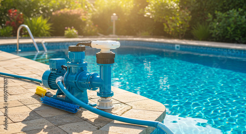 Pool pump and cleaning equipment by the side of a swimming pool