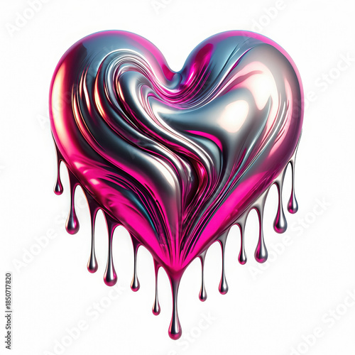 Melting heart shape made of liquid chrome with pink and silver metallic gradient gloss. This passionate abstract design represents love and intense emotion on an isolated background