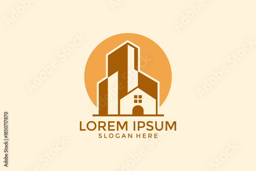 Modern Real Estate Logo with City Skyline and House Silhouette