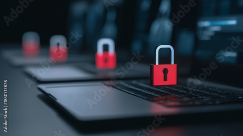 Data security concept featuring a row of laptops, each displaying a red padlock icon, symbolizing digital protection in the online world.