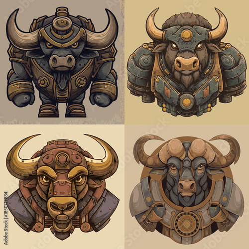 Armored bull warrior character illustration with mechanical details and strong stance blending animal strength and fantasy technology for mascots gaming and bold branding.