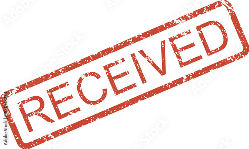 A distressed red rubber stamp with the word RECEIVED clearly visible inside a rectangular frame on a white surface