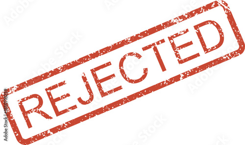 A prominent red grunge rubber stamp displaying the word REJECTED within a rectangular border on a clean white surface