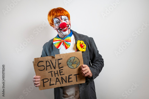 Man clown costume holding save the planet sign
