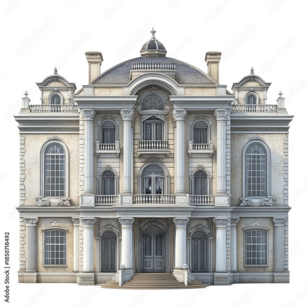 Fototapeta premium Elegant Palace Architectural Design with Beige Stone Exterior Featuring Columns Windows and a Domed Roof Isolated on Transparent Background