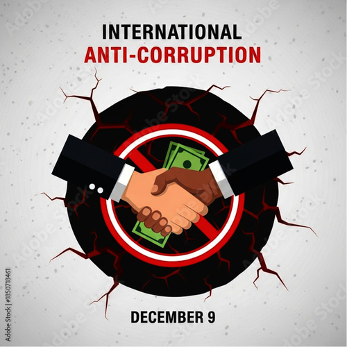 Anti-Corruption Illustration: Diverse Hands Shaking, Money, Red Prohibition Sign