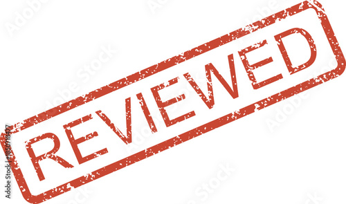 A red textured ink stamp with the word REVIEWED prominently displayed inside a rectangular frame on a clear white background