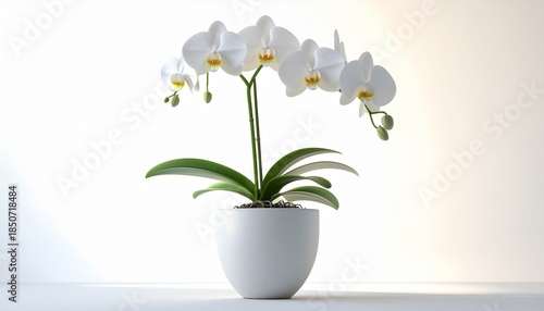 A graceful white orchid in a modern ceramic pot, standing elegantly against a soft, bright background