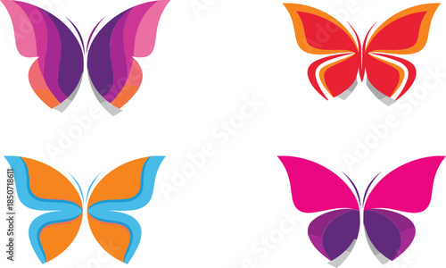 Set of Colorful Abstract Butterfly Illustrations Featuring Layered Wing Designs in Vibrant Pink Orange and Blue Tones.